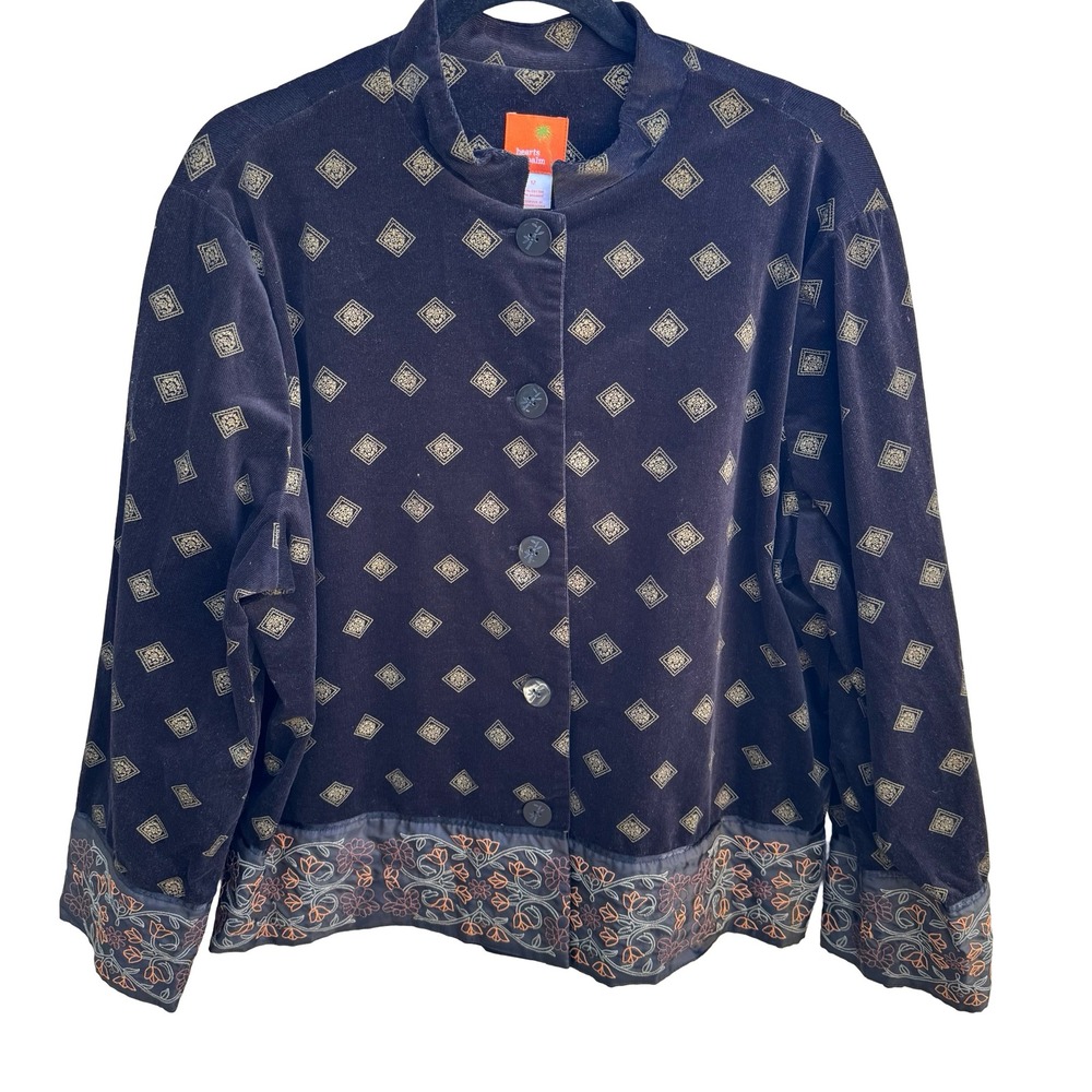 Hearts of Palm Boho Cottagecore Corduroy Embroidered Art Floral Diamond Jacket L